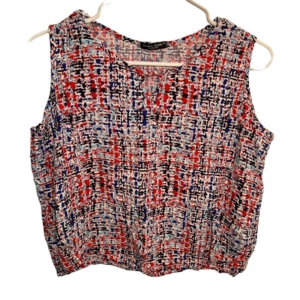 Zara Basic Women's Sleeveless Shell Blouse White Red Pink Blue Geometric Keyhole